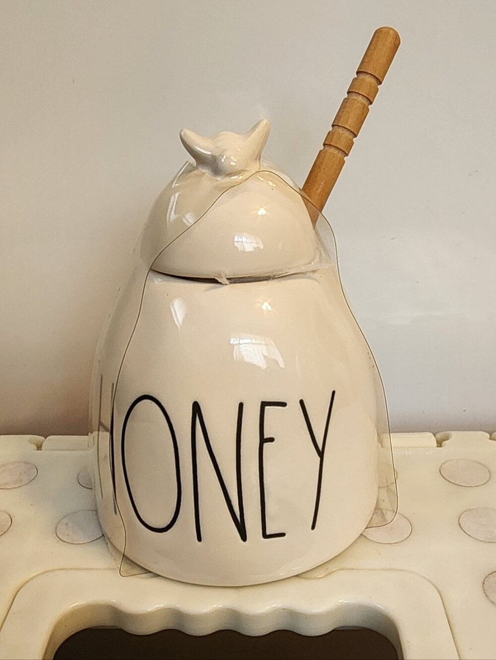 Rae Dunn White Honey Jar with Wooden Dipper